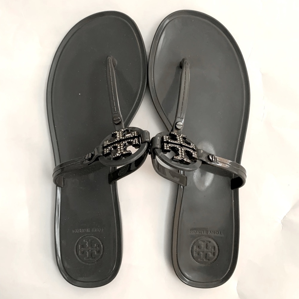 Tory Burch Gray Patent Leather Sandals with Rhinestones